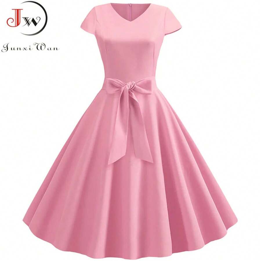 Vestido Vintage de verano para mujer con cinturón, manga corta, cuello en V, vestidos de fiesta Retro elegantes - 001 - Ver 1