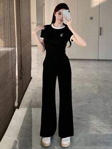 Conjunto Mujer 2 Piezas Top + Pantalón Largo – Simple & Elegant, Soft & Comfy Summer Loungewear, Chic & Trendy Outfit, Lipstick Gratis (While Supplies Last) - Negro - Ver 4
