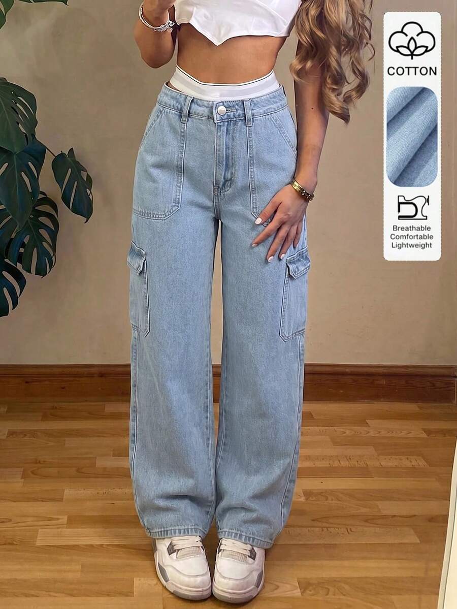 Women's Fashion Street Mid-Rise Pocket Work Wear Straight Leg Jeans Casual Spring - Light Wash - View 1