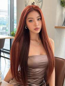 30 Inch Ombre Ginger Red 13x4 Lace Front Wig For Women Long Straight Synthetic Hair Wig Pre Plucked Natural Hairline Heat Resistant Glueless Hair Wig For Daily Party Cosplay Natural Looking Lightweight Breathable Realistic Hairline Easy Install - 挑染紅色 - 查看 2