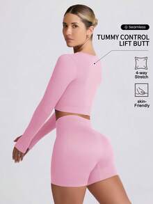 VVX Women's Seamless Sports Yoga Set Long-Sleeved Shorts Thumbholes Slim High-Waist Tummy Control Sports Set - 粉色 - 查看 2