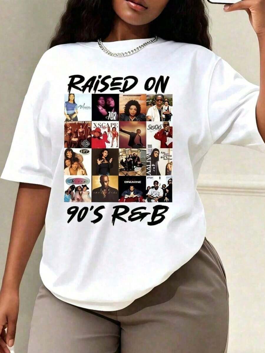 100% cotton Camisetas de música con estilo de los años 90, ropa casual para mujeres con estilo R&B, camisas casuales para mujeres, camisetas para mujeres, ropa de otoño para mujeres, prendas superiores - Blanco - Ver 1