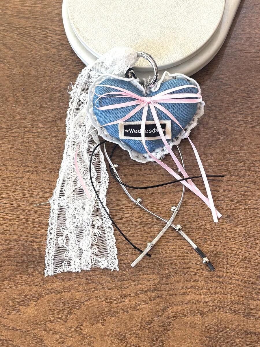 Heart Lace Bow Ribbon Keychain Pendant, Bag Charm, Phone Lanyard, Valentine's Day Gift - Dusty Blue - View 1