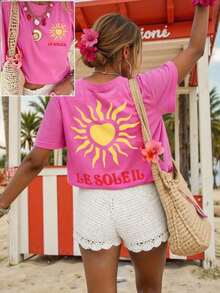 Women's T-Shirt, Short-Sleeved Graphic Tee, Casual Street Style, Cute Summer Top - Fuchsia Pink 7 - View 3
