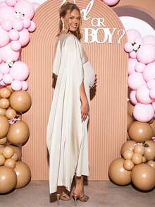 Loomaby Vestido elegante de maternidad con capa de manga para fiesta, vestido para revelación de género, vestido de maternidad para baby shower, unicolor - Albaricoque - Ver 6