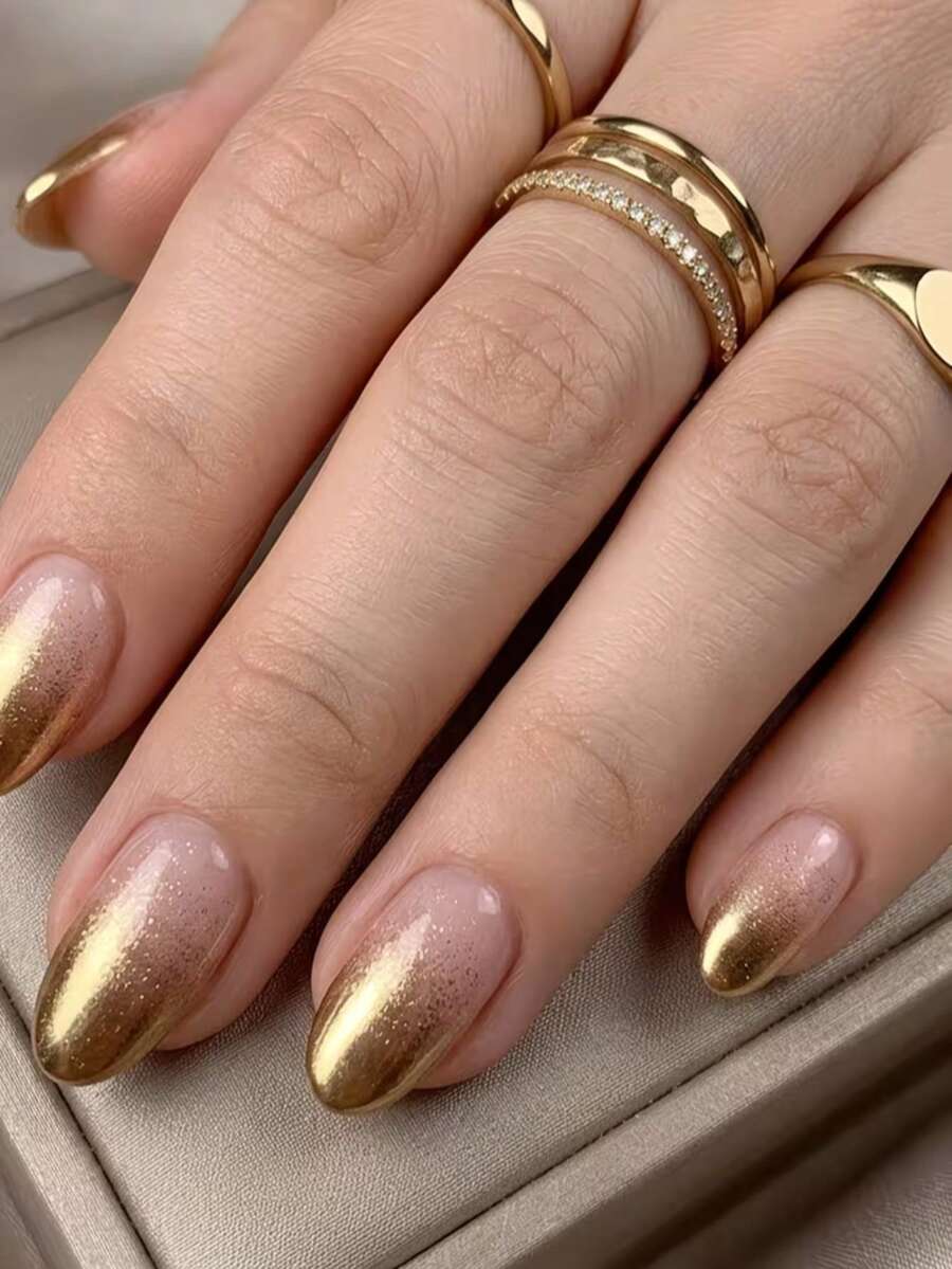 24pcs Medium Oval Ombre Pink French Style Artificial Nails, Glossy Fake Nails Manicure - Gold - View 1