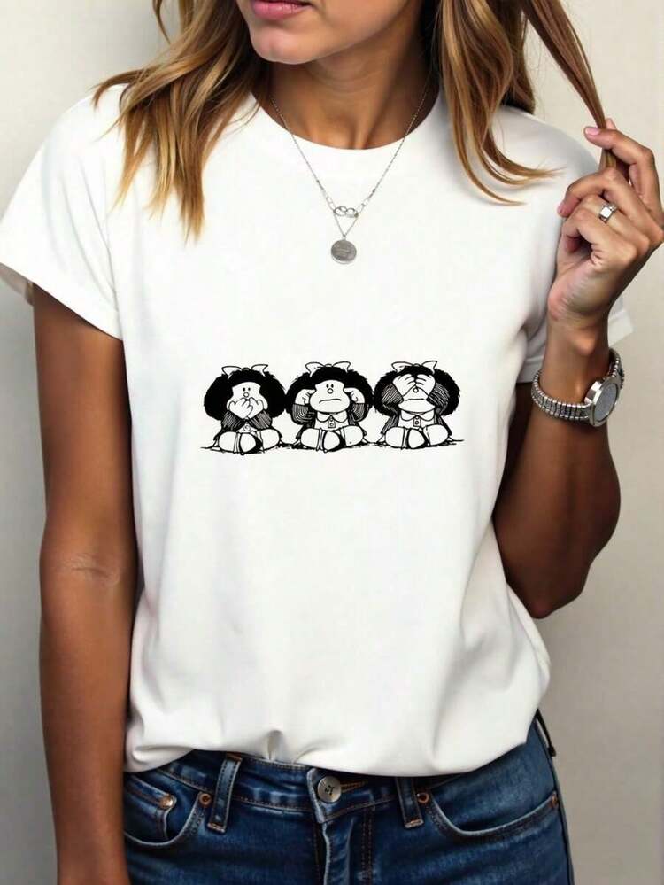 Women's Short-Sleeved T-Shirt With A Creative Mafalda Graphic Print, Modern, Comfortable, Breathable, And Casual For Sports. - Unisex Cotton T-Shirt With A Loose Fit, Short Sleeves, And A Round Neck In An Urban Vintage Style. - trắng - Xem 1