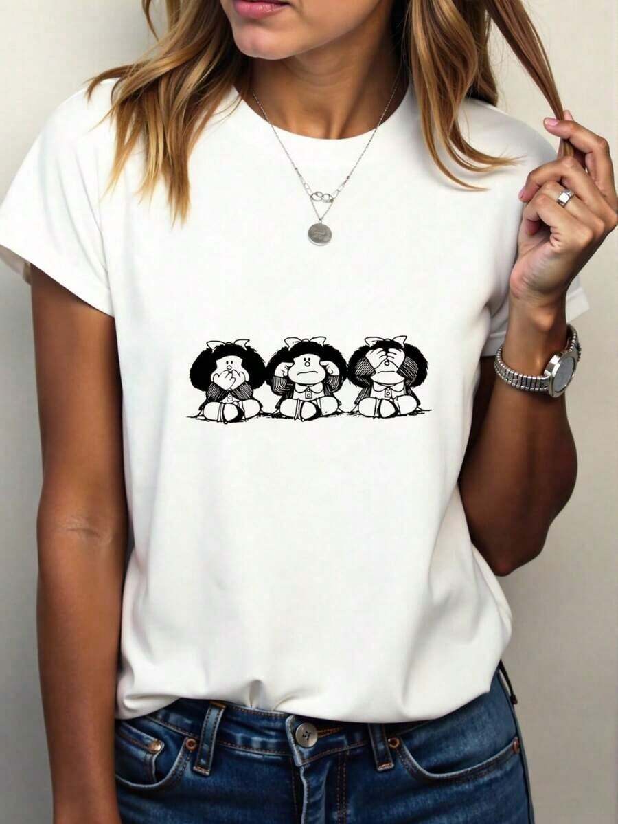 Camiseta de manga corta para mujer con estampado gráfico creativo de MAFALDA, moderna, cómoda, transpirable y casual para deportes. - Camiseta unisex de algodón holgada de manga corta y cuello redondo de estilo vintage urbano. - Blanco - Ver 1