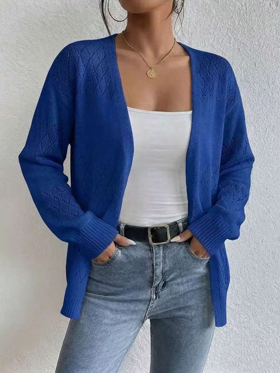 Plus Size Women's White Open Knit Cardigan, V Neck Long Sleeve Hollow Out Crochet Sweater, Casual Loose Open Front Outerwear For Spring Fall - Màu xanh lam - Xem 1