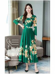 Elegante Vestido Largo Floral con Estampado Grande, Falda Maxi, Primavera, Verano, Otoño, Invierno, Nuevo Estilo, Ropa de Mujer, Vestido de Cintura Alta con Corte en A - Rojo - Ver 3