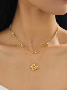 1pc Elegant Luxury French Style Dazzling Lifelike Floral Ball Pendant Multilayer Necklace For Women - Yellow Gold - View 1