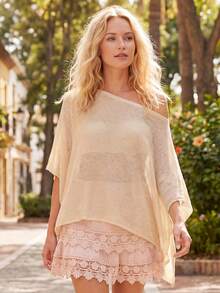 Sudadera cubierta hombros al descubierto de punto transparente liso para mujer, blusa holada con manga murciélago y dobladillo asimétrico, ideal para playa y vacaciones de verano - Caqui - Ver 5