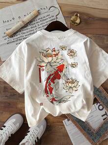 | Exquisite Design | Loose And Comfortable | Easy To Match | [Double-Sided Print] Fashionable Women's Top, Women's Summer Clothing, Chinese Style, Koi Fish And Lotus Flower Print, Pure Cotton Short-Sleeved Round Neck T-Shirt [LangK] - 白色 - 查看 3