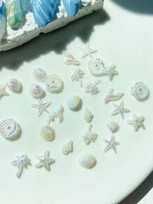 50件/包 夏季美甲裝飾品，幻彩海洋風貝殼、海星、棕櫚樹美甲飾品 DIY 美甲飾件 - 白色 - 查看 5