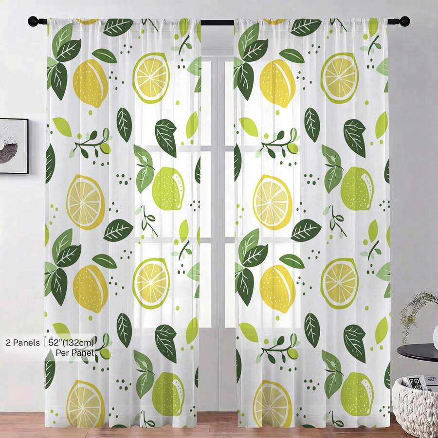 Bộ 2 rèm cửa/1 rèm voan in hình chanh và lá cây, kiểu may túi luồn thanh treo, chất liệu lưới polyester lọc sáng, họa tiết trái cây thiên nhiên tươi vui cho phòng ngủ, phòng khách, nhà bếp, kích thước 52"W * 84" - Nhiều màu - Xem 1