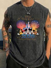 Disney Family Vacation 2026 Castle Fireworks Officially Licensed Men's Sleeveless Graphic Tee, 100% Cotton 230g Washed Vintage Casual Shirt - 黑色 - 查看 1