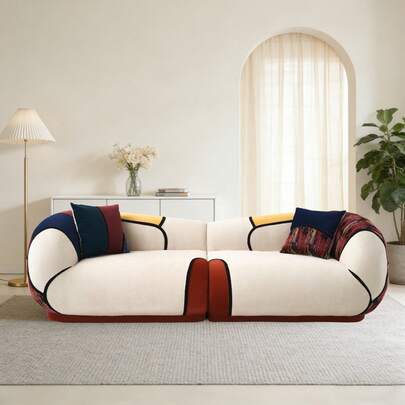 Divano curvo moderno e di grandi dimensioni (259 cm), divano minimalista a 4 posti in ciniglia per soggiorno e appartamento, divano lounge senza colonne, lungo fino al pavimento, con cuscini in stile bohémien, non richiede montaggio.