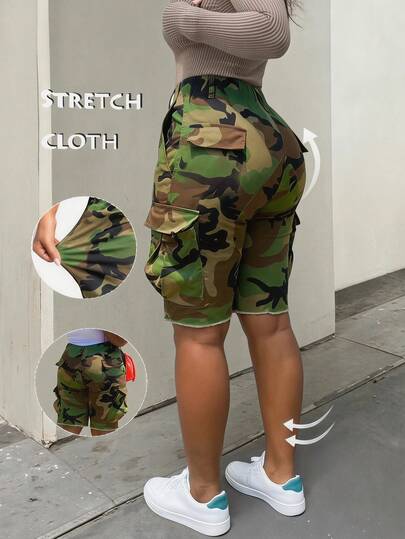 Women's Camouflage Elastic Waist Cargo Shorts, Casual Raw Hem Streetwear Mini Bottoms, Y2K & Everyday Outfits
