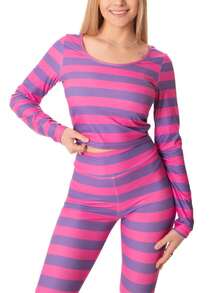 Awevudst Women's 2Piece Outfits Cheshire Cat Halloween Costume Pink And Purple Striped Cat Costume Long Sleeve Crop Top Shirt And Leggings Animal Halloween Cosplay Clothes Casual Lungewear - Hồng - Xem 5