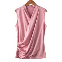 Nueva Blusa Sin Mangas de Satén Suave para Mujer, Top con Cuello en V, Corte Ajustado, Camisas para Usar por Fuera - Rosa - Ver 6