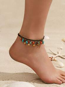 1pc Bohemian Style Turquoise Wax Rope Woven Anklet With Elephant & Starfish Charms, Suitable For Women's Daily And Festival Wear, Especially Suitable For Summer Vacation - Multicolor - View 2