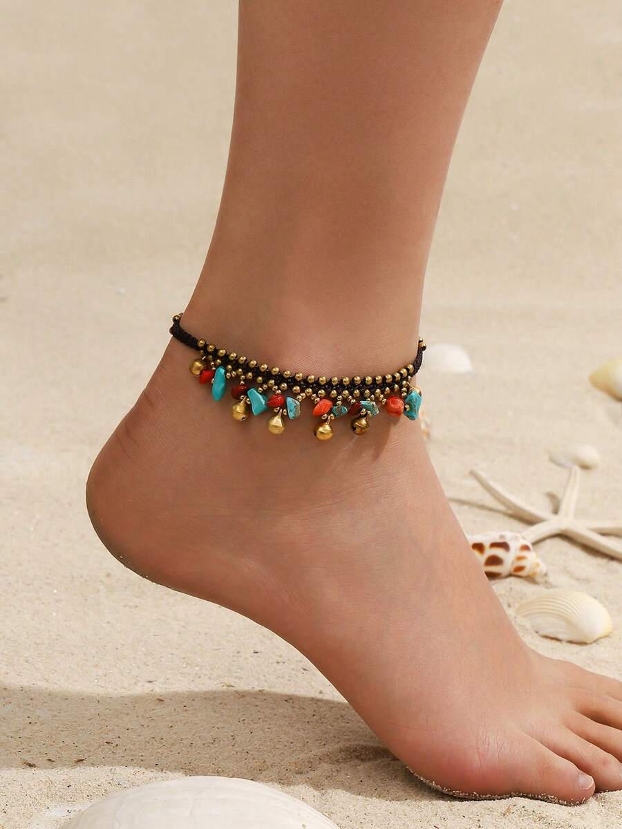1pc Bohemian Style Turquoise Wax Rope Woven Anklet With Elephant & Starfish Charms, Suitable For Women's Daily And Festival Wear, Especially Suitable For Summer Vacation