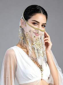 一件手工雪纺面纱，配有垂坠金属硬币和弹力发带，肚皮舞服装套装，含亮片纱丽裙，适合节日派对、夜店、海滩装饰、波西米亚复古风格 - 彩色 - 查看 1