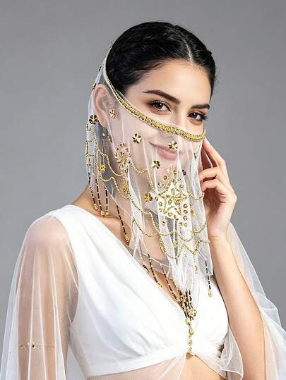1pc Handmade Chiffon Veil With Hanging Metallic Coins Elastic Headband, Belly Dance Costume Set With Sequin Skirt In Saree Style, Suitable For Festival Party, Nightclub, Beach Decor, Bohemian Vintage Style