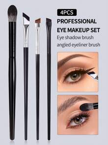 4PCS Professional Eye Makeup Brush Set, Black Handle Eyeshadow & Angled Eyeliner Brushes, Dense Ultra-Thin Hair For Delicate Eye Makeup & Sharp Liner - Black - View 4
