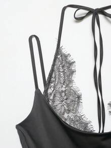 DEEKA Summer New Women's Fashion Sexy Contrast Lace Halter Bodysuit - Grey - View 5