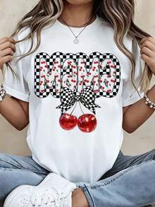 Women's Black Cherry Print T-Shirt, Cute Summer T-Shirt With Plaid Bow And Red Cherry Design, Casual Short Sleeve Crew Neck T-Shirt, Graphic T-Shirt For Everyday Wear - Unisex Loose Fit Cotton Short Sleeve Crew Neck Urban Vintage Style T-Shirt. - 白色 - 查看 1