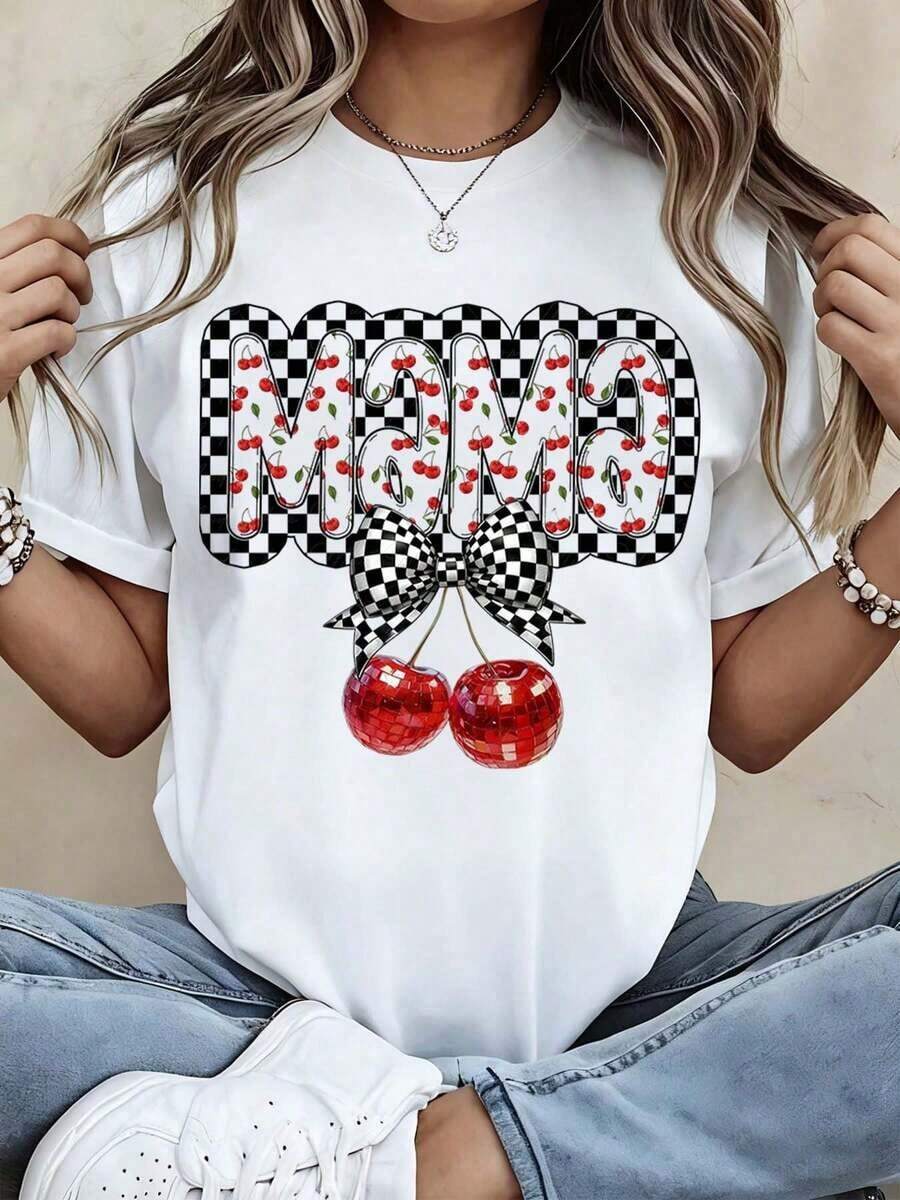 Women's Black Cherry Print T-Shirt, Cute Summer T-Shirt With Plaid Bow And Red Cherry Design, Casual Short Sleeve Crew Neck T-Shirt, Graphic T-Shirt For Everyday Wear - Unisex Loose Fit Cotton Short Sleeve Crew Neck Urban Vintage Style T-Shirt. - 白色 - 查看 1