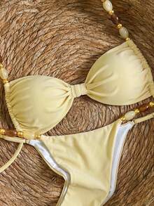 Bikinx Women's Halter Neck Back Tie Bikini Set, Bohemian Style Contrast Color Beaded Shoulder Straps, Suitable For Beach Vacation Summer Yellow - Yellow - View 6