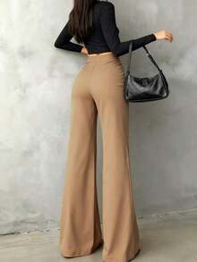 Pantalones rectos negros sólidos, casuales y elegantes para mujer.La línea de cintura asimétrica en forma de V acentúa las curvas, adecuados para uso diario, oficina, citas y vacaciones de primavera - Caqui - Ver 3
