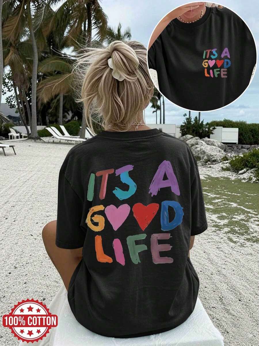 [Double-Sided Print] Women's Casual Summer Top, Hand-Painted Style, Heart And "ITS A GOOD" Print, Round Neck, Short Sleeve, Drop Shoulder, Pure Cotton Oversized T-Shirt[Bestseller 1]-T Shirt Damen - Black - View 1