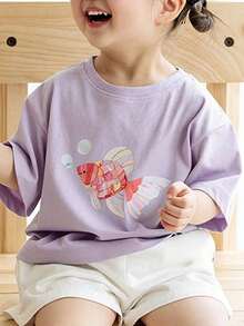 Top de manga corta sencillo, informal y bonito con estampado para niños, ideal para el verano. - Púrpura malva - Ver 6