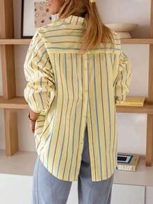 Long-Sleeved Shirt With Pocket, Front And Back Buttons, Striped, Casual Style, Pink, For Spring - Yellow - View 7