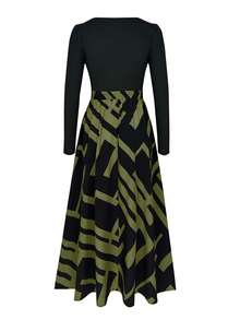 Women's Long Sleeve Square Neck Dress, Casual Bohemian Style Knit Fabric Dress With Belt And Geometric Print Vacation Elegant Summer - Green - View 4
