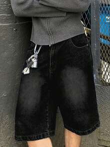 Men's Loose Wide Leg Casual Denim Bermuda Shorts Jorts, Emo Style - Black - View 4