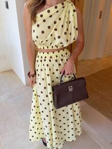 New Elegant Polka Dot 2-Piece Set, Graceful Formal Party, Vacation, Date Night, Suitable For All Seasons With Elastic Waist Summer - Yellow - View 6