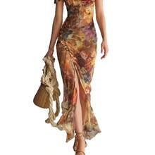 Women's Floral Print Chiffon Maxi Dress, Square Neck Puff Sleeve Bodycon Dress, Ruched Side Ruffle Hem Flowy Dress, Elegant Bohemian Vacation Party Dress, Sheer Chiffon Floral Print Evening Gown - Màu sắc hình ảnh - Xem 3