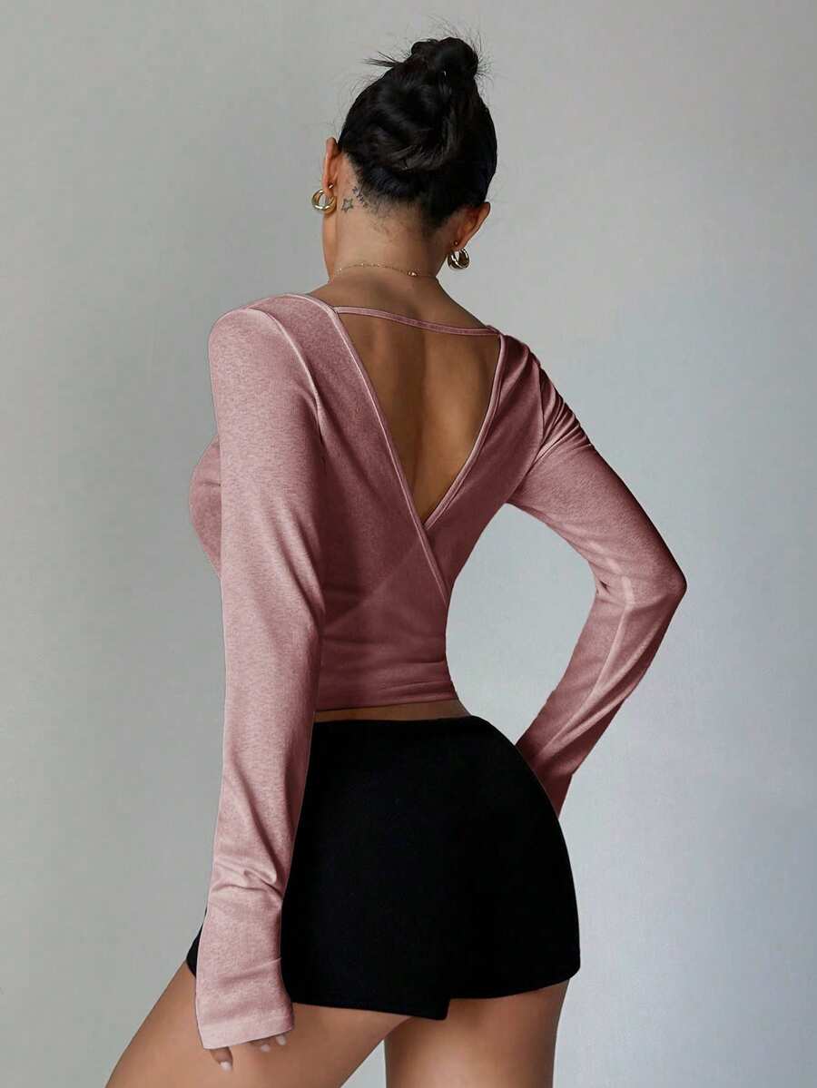 Sporty White Backless Long Sleeve Cropped Top, Perfect For Fitness And Daily Wear, Super Eye-Catching Sports - Dusty Pink - View 1