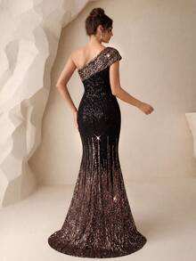 [Random Cut] Women's Elegant Party Evening Dress With Gradient Sequin Patchwork Asymmetric Neckline Wedding Black Spring - Black - View 2