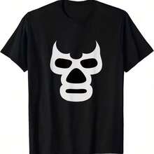 Camiseta de algodón% para hombre y mujer con estampado deáscara de lucha libre - Diseño de luchador estilo mexicano en blanco y negro, cuello redondo informal, adecuada para fiestas de disfraces, uso diario, regalos de cumpleaños y días festivos. - Negro - Ver 6
