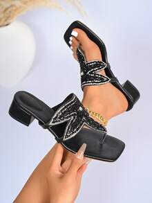 Women's Elegant Black Star Rhinestone Decor Square Toe High Heel Sandals, Thong Design With Thick Heels, Suitable For Daily Wear And Vacation; Fashionable Footwear For Various Occasions, Daily Outings, Vacation And Night Events - Black - View 10