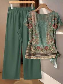 Conjunto de dos piezas para mujer estilo bohemio, blusa corta con estampado floral vintage color verde y pantalones anchos, tela suave y fluida, estilo romántico y elegante, ideal para primavera, verano, vacaciones, playa, bodas tropicales, fiestas de soltera, citas, paseos por el jardín, regalos para el Día de la Madre y festivales de música bohemios - Multicolor - Ver 8