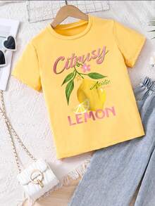1 pieza Camiseta de manga corta amarilla casual y sencilla para niñas, primavera/verano - Amarillo - Ver 2