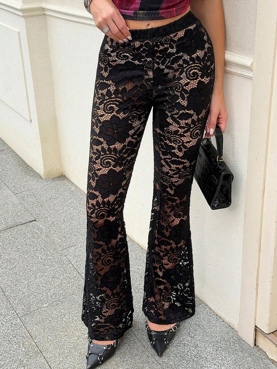 Pantalones de mujer negros de encaje sexy con diseño calado - Negro - Ver 1