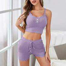 Conjunto de pijama de dos piezas para mujer, camisola corta con ribete de encaje de punto acanalado, Top y pantalones cortos, ropa de dormir de verano, ropa de casa, nueva  caliente - Morado - Ver 6