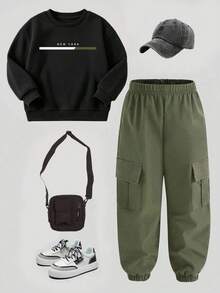 Set Baju Atasan Lengan Panjang dan Celana Motif Huruf untuk Bayi Laki-laki - Hitam - View 3